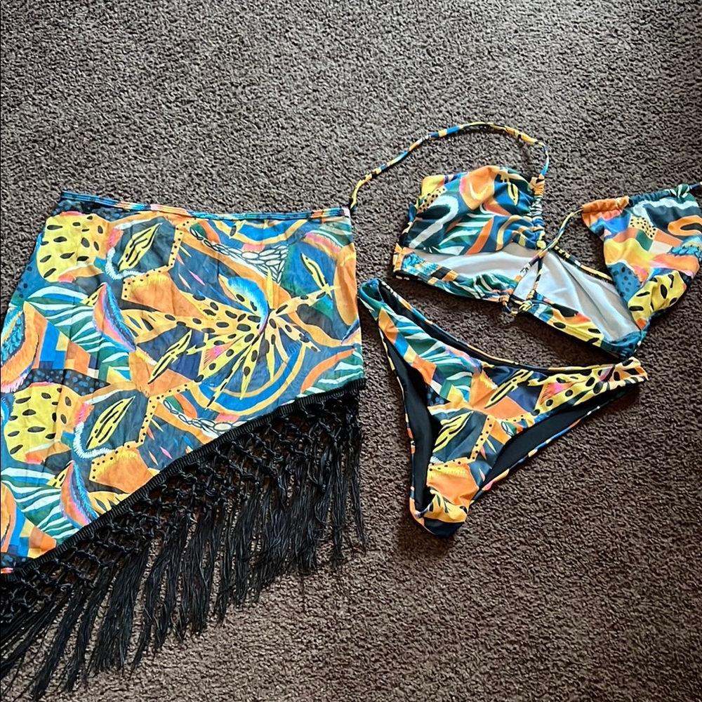 Colorful Bikini Set with Fringe Sarong